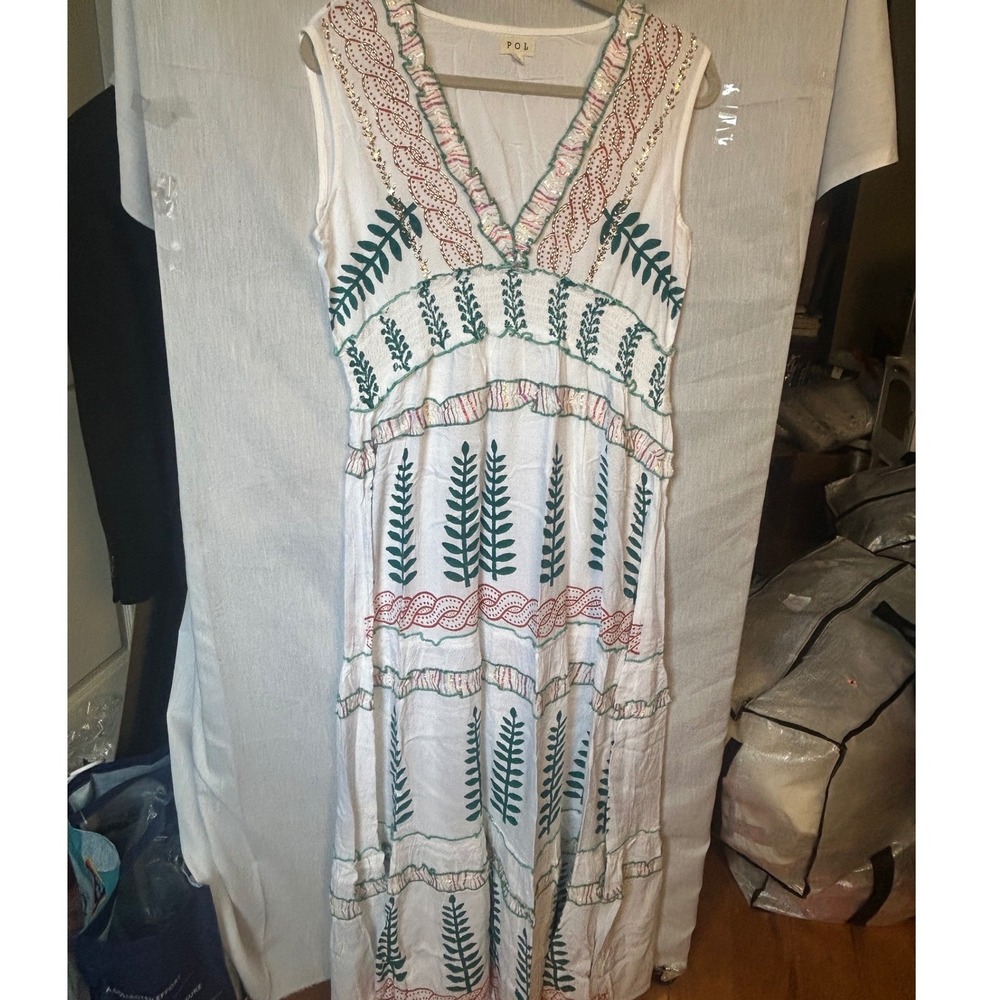 POL Clothing White Embroidered Sequin Tiered Maxi Dress Women Med Boho Festival